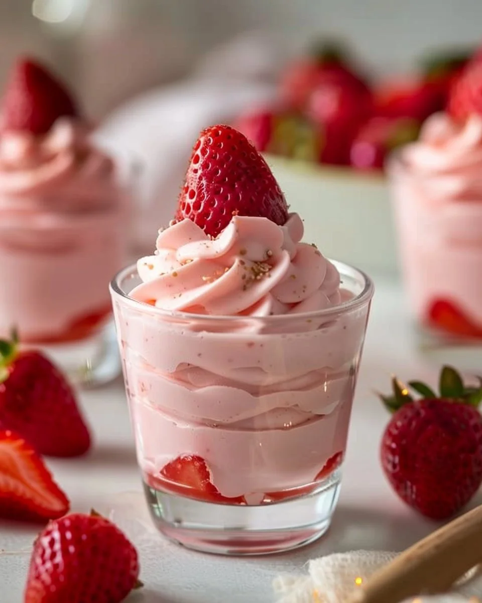 Delicious light strawberry mousse topped with fresh strawberries