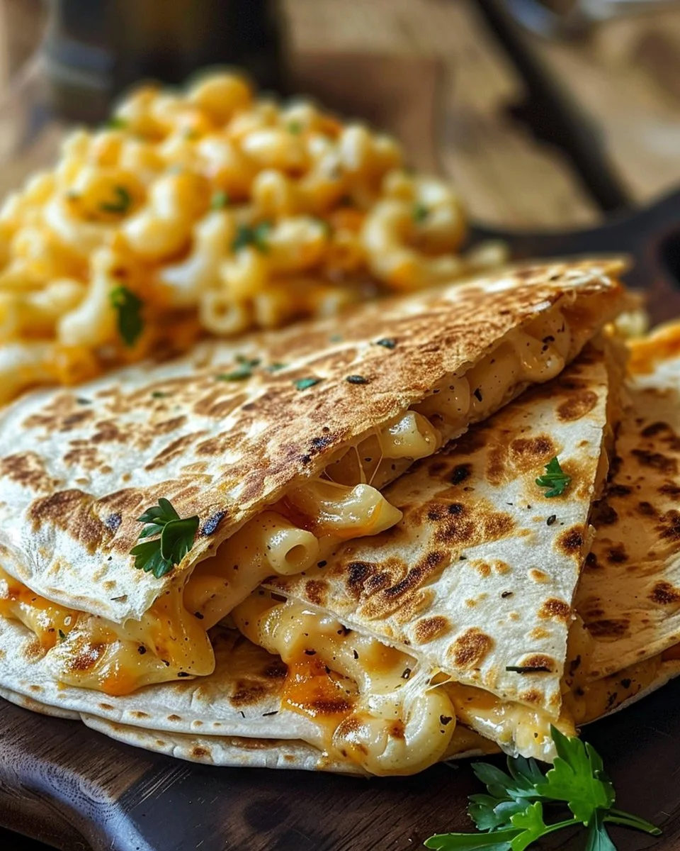 Mac and Cheese Quesadillas served with dipping sauce on a plate