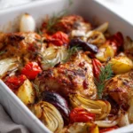 Mediterranean Chicken Bake featuring vibrant vegetables and spices.