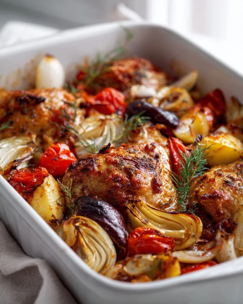 Mediterranean Chicken Bake featuring vibrant vegetables and spices.