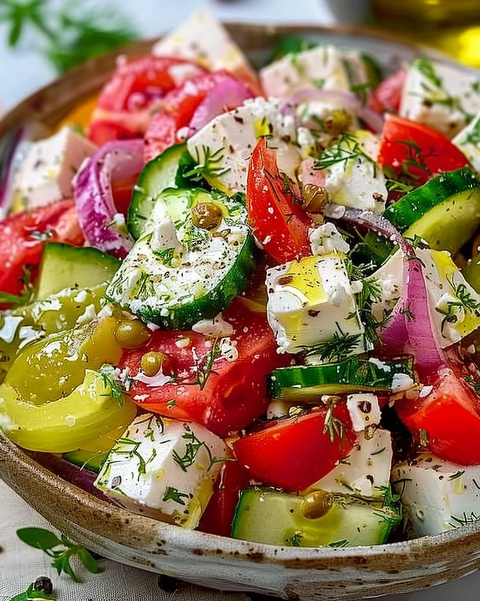 Mediterranean Greek salad with fresh ingredients and vibrant colors