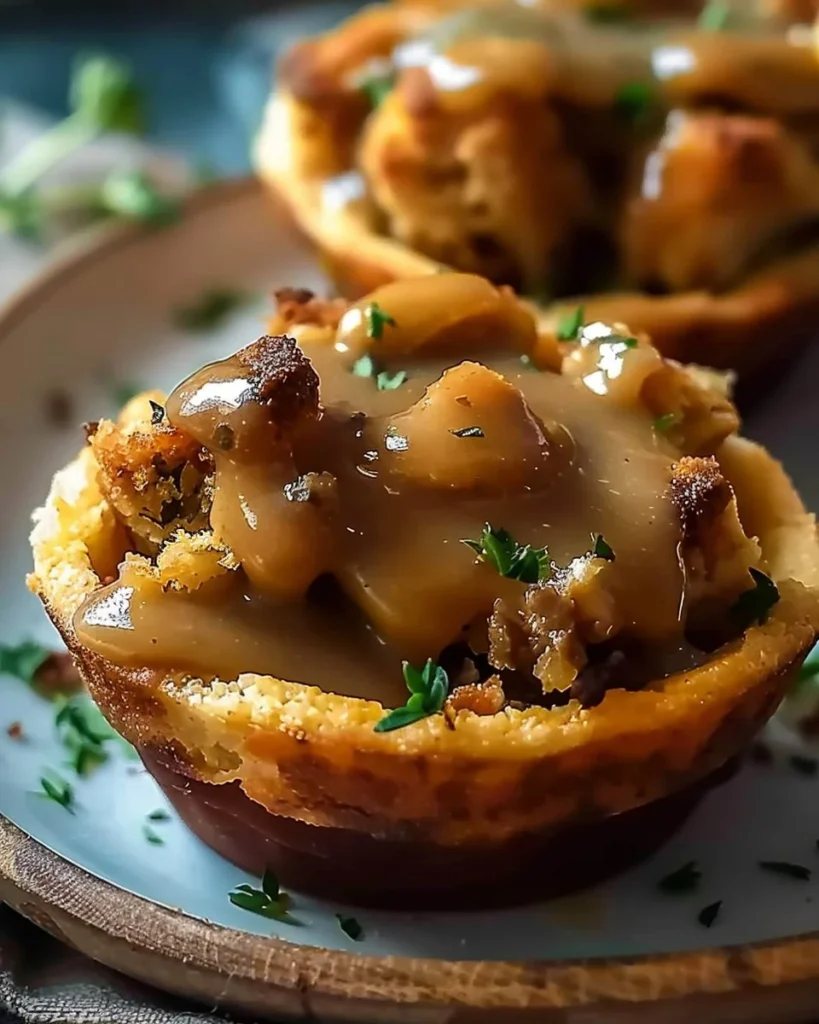 Muffin Tin Turkey Cups filled with Stuffing and Gravy for a delightful feast