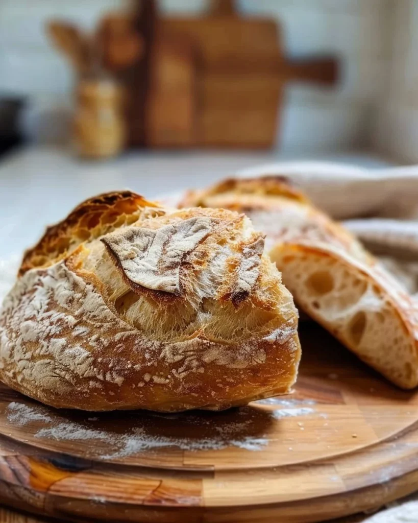 Freshly baked no-knead artisan bread loaf on a wooden table