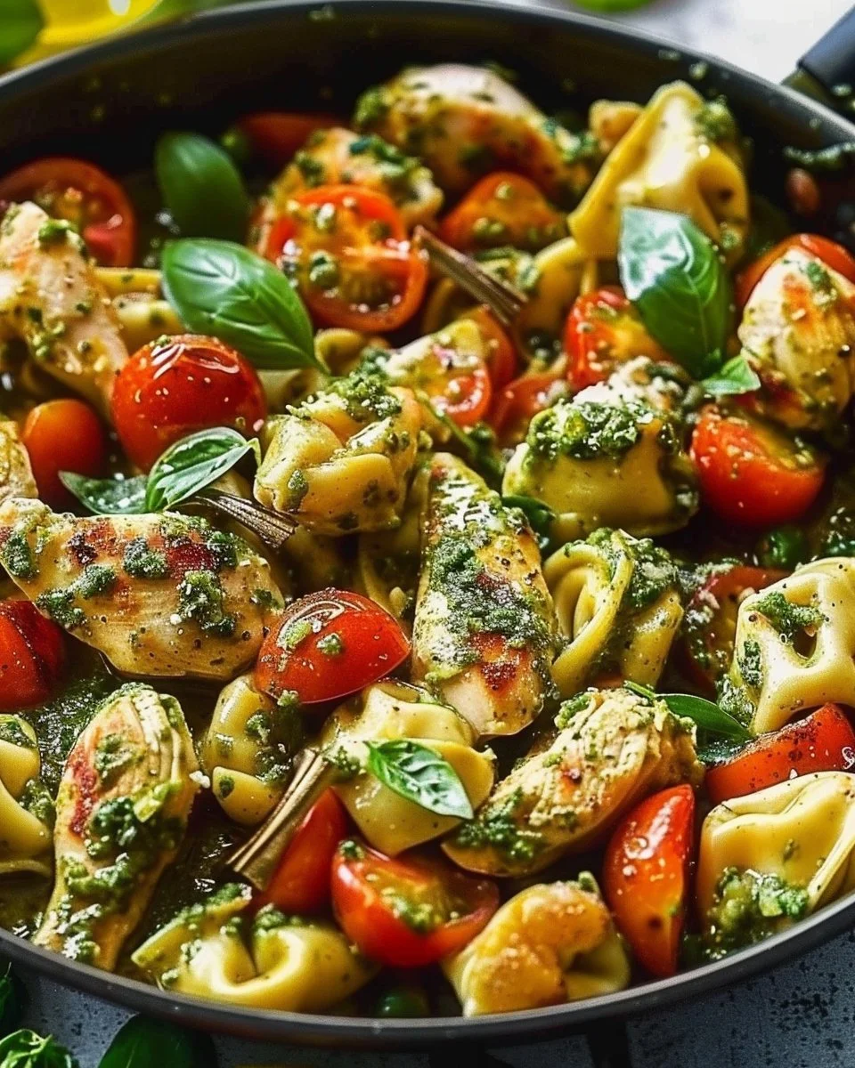 One-Pan Pesto Chicken, Tortellini, and Veggies 1 One-Pan Pesto Chicken with Tortellini and Veggies on a plate