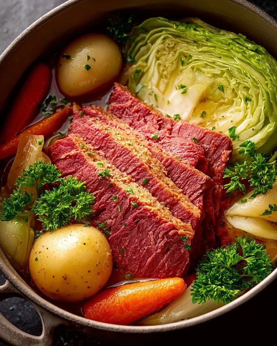 Delicious one pot corned beef and cabbage dish, ready to serve.