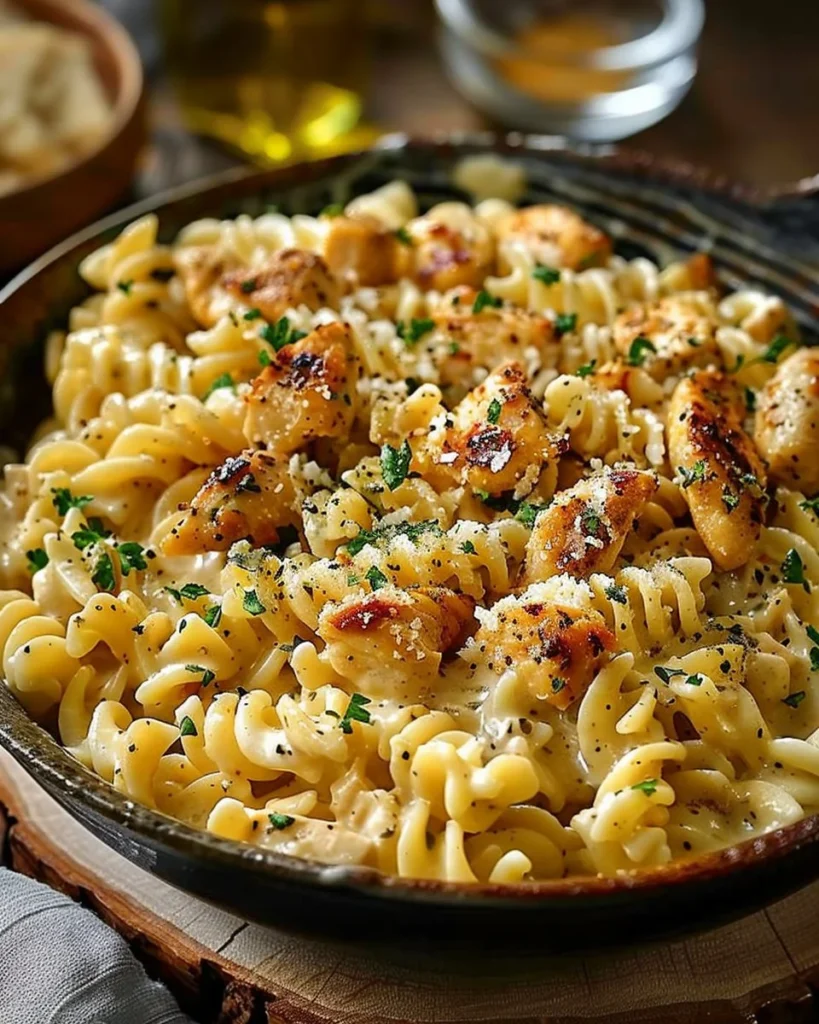 One pot garlic parmesan chicken pasta with chicken, garlic, and parmesan cheese