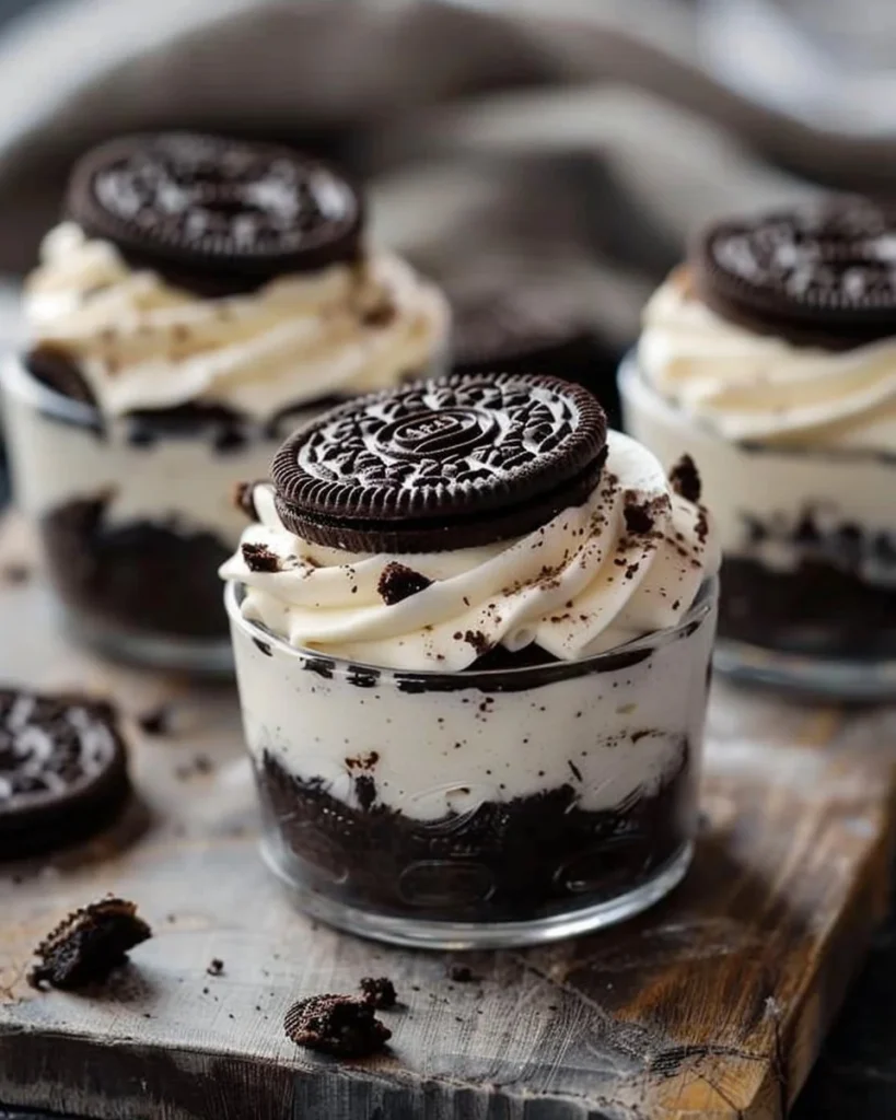 Delicious Oreo Cheesecake Cups topped with crushed Oreos and whipped cream