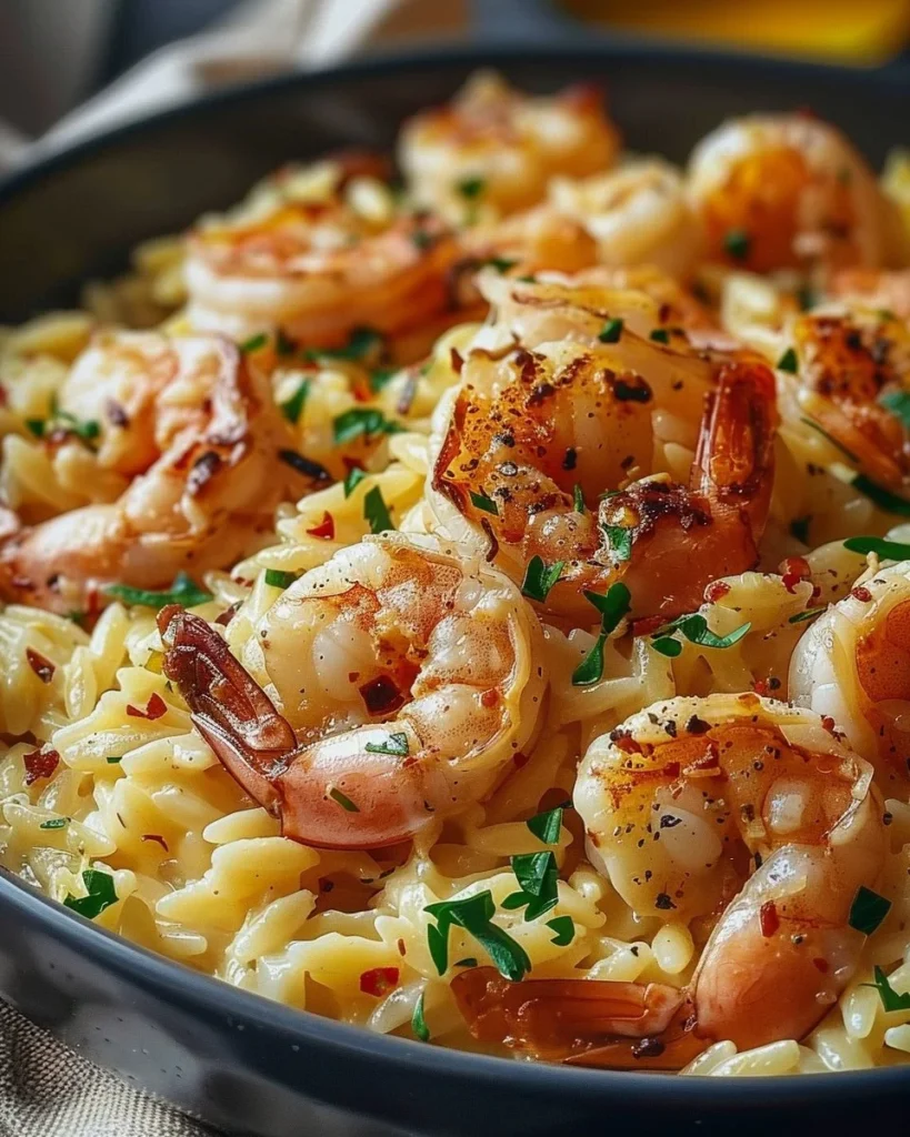 Creamy Parmesan Orzo with Shrimp served in a bowl