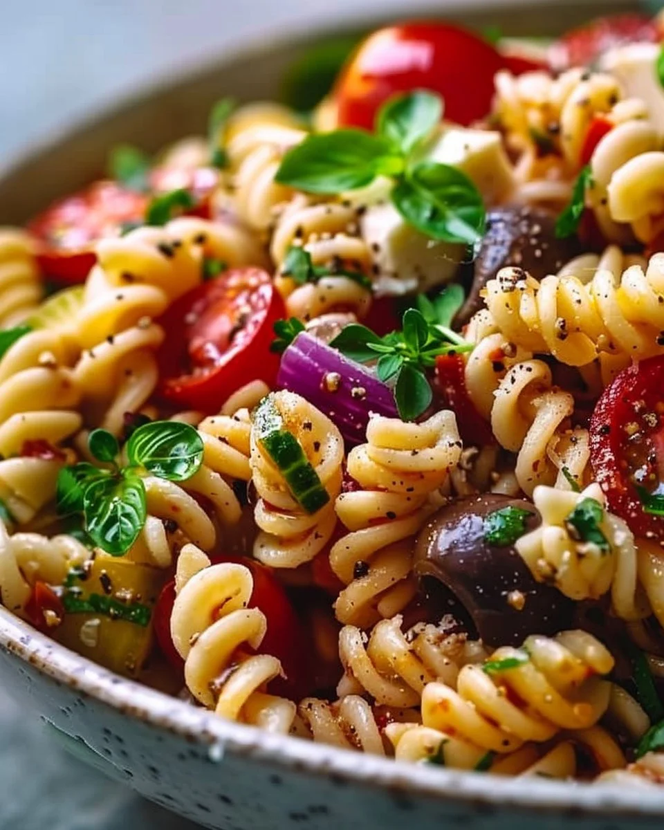 Pasta Salad 1 Colorful and fresh Pasta Salad served in a bowl with vegetables and dressing