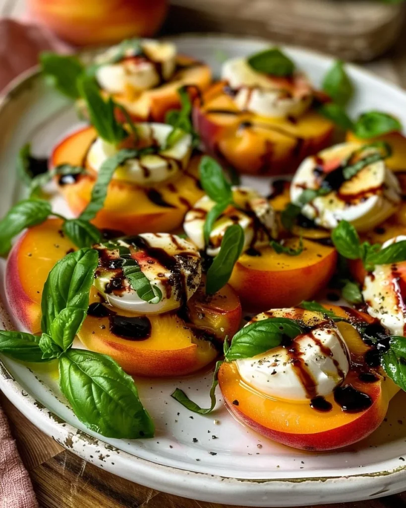 Peach Caprese Salad drizzled with balsamic glaze on a plate
