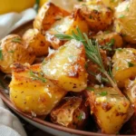 Delicious Greek Lemon Potatoes with herbs and lemon in a serving dish