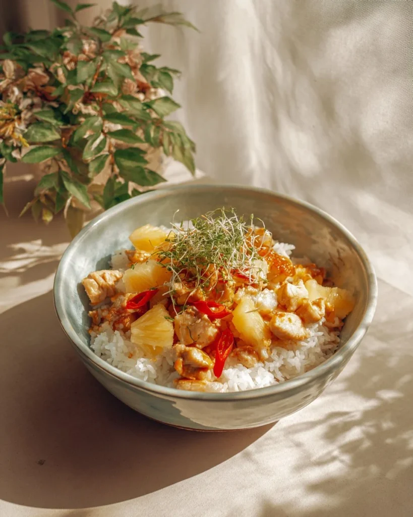 Delicious Pineapple Chicken Rice Bowl with fresh ingredients and vibrant colors
