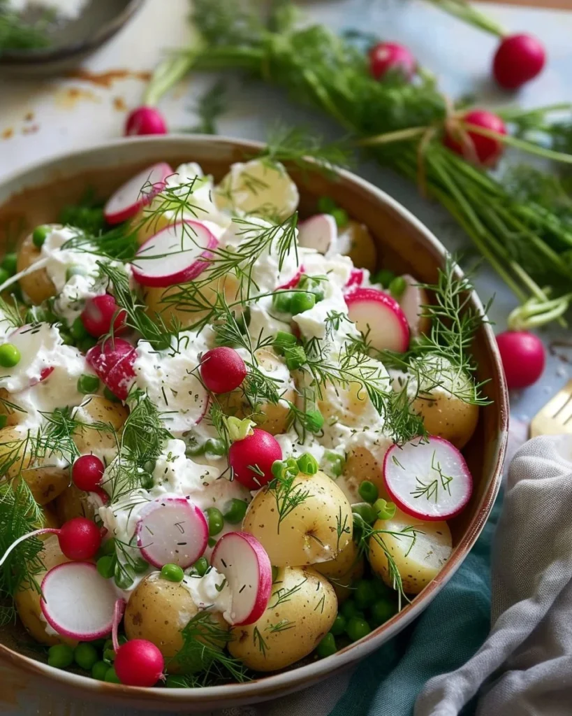 Delicious potato salad with radishes served in a bowl
