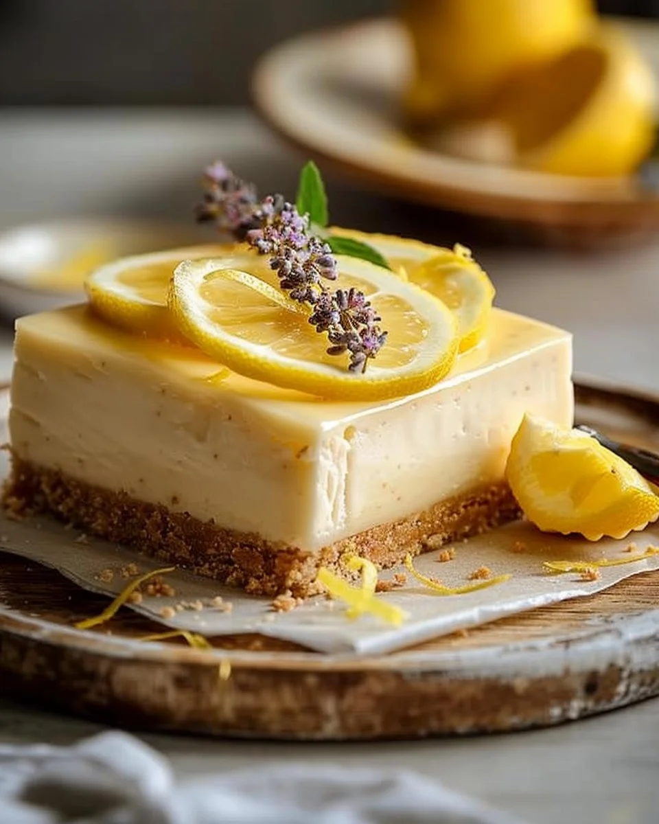 No-bake lemon cheesecake with a fresh lemon garnish