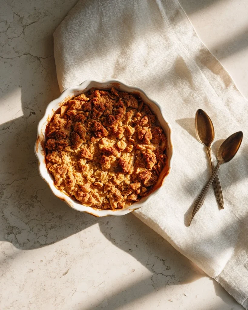Freshly baked rhubarb crisp topped with a golden crumble