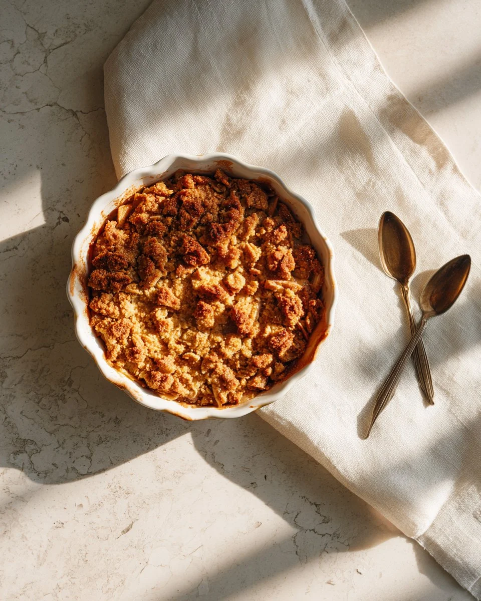 Freshly baked rhubarb crisp topped with a golden crumble