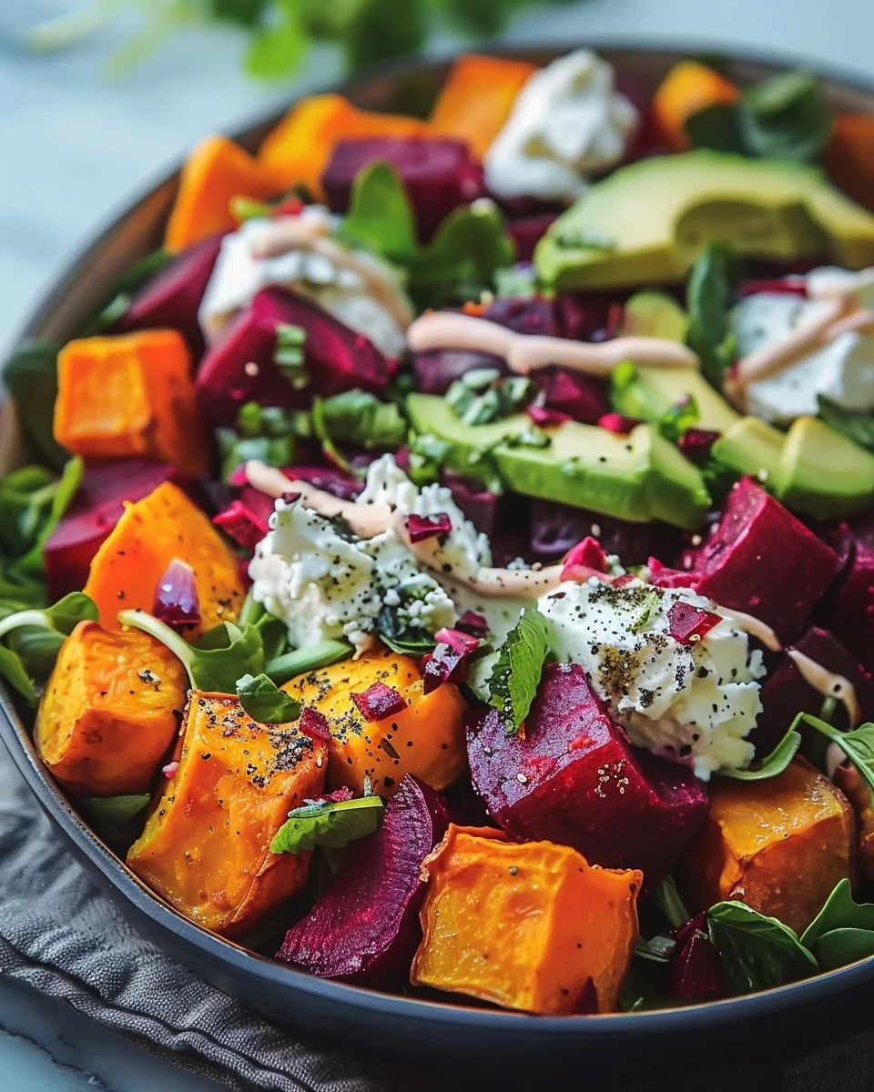 Roasted beet salad with sweet potatoes, avocado, whipped ricotta, and tahini drizzle.
