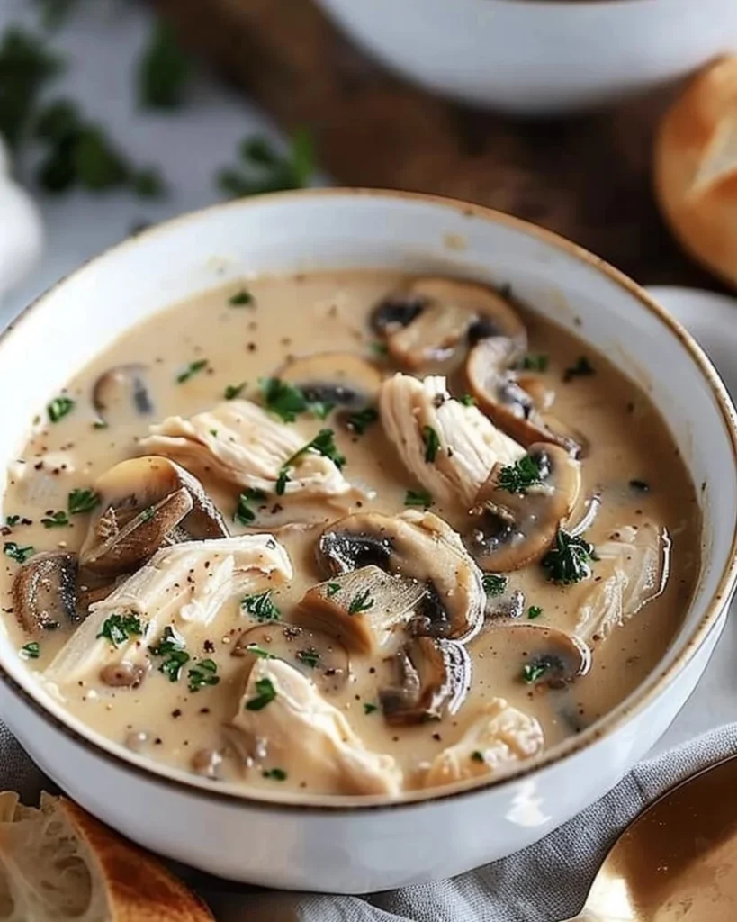 Delicious rotisserie chicken and mushroom soup served in a bowl