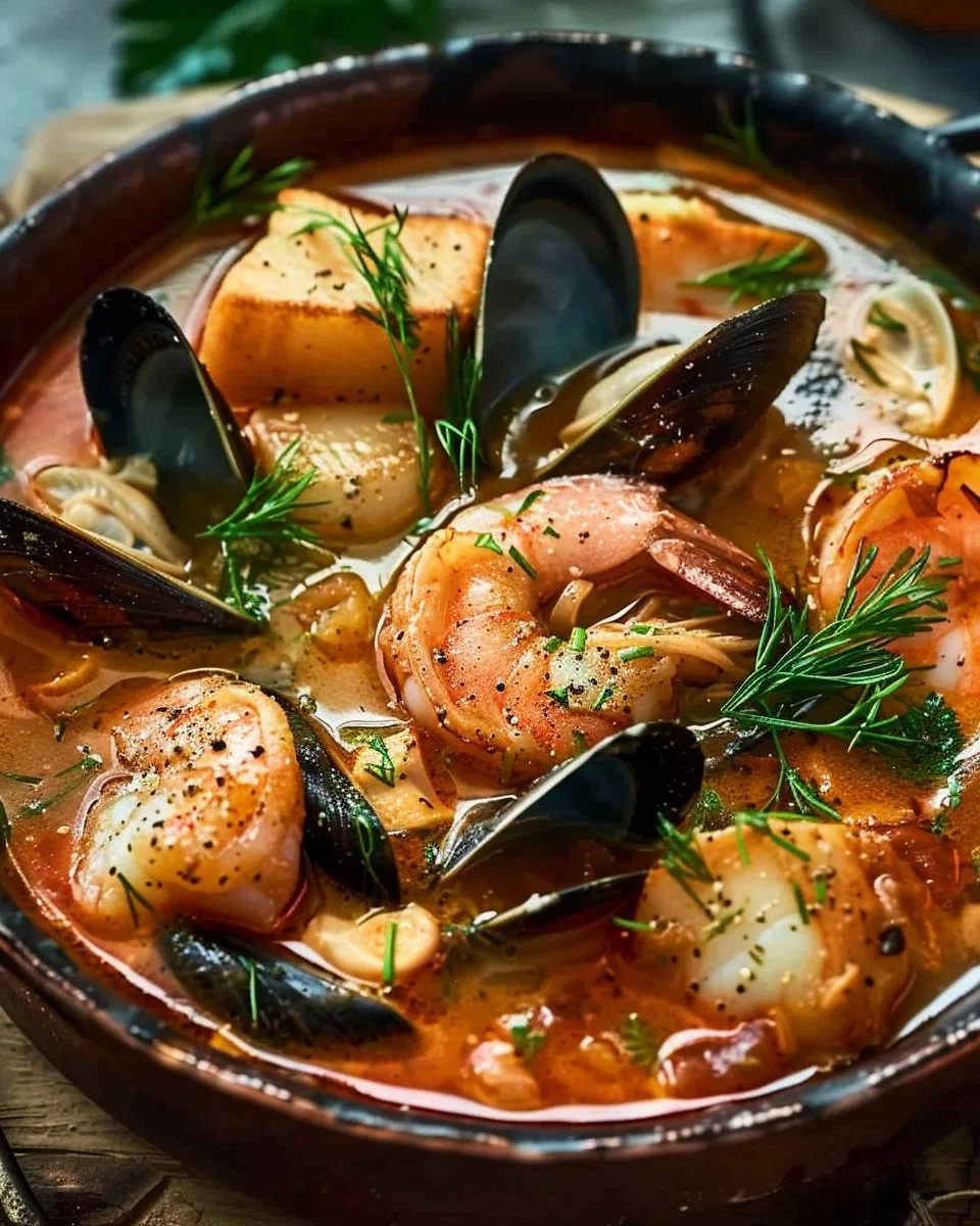 Rustic seafood stew featuring clams, mussels, shrimp, and halibut in a rich broth.