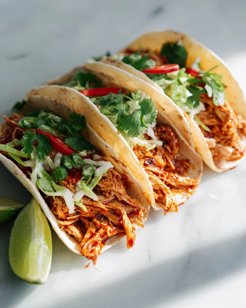 Delicious shredded BBQ chicken tacos with fresh toppings and colorful ingredients.