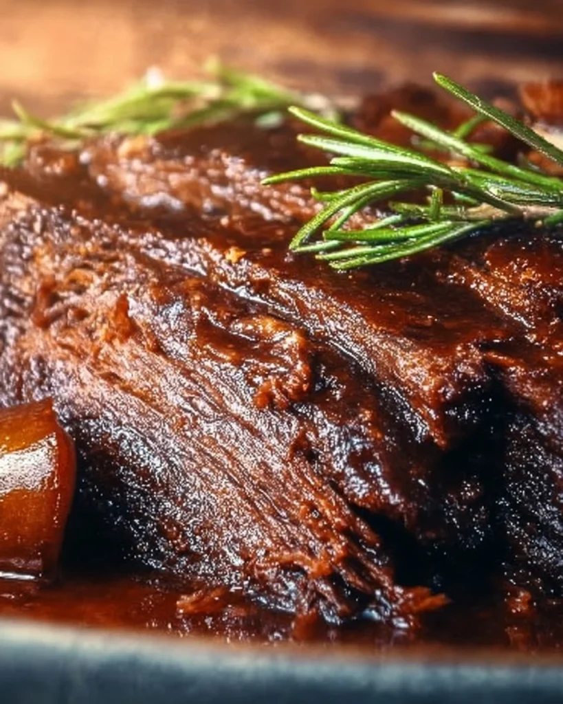 Delicious slow cooked beef brisket served with herbs and spices.