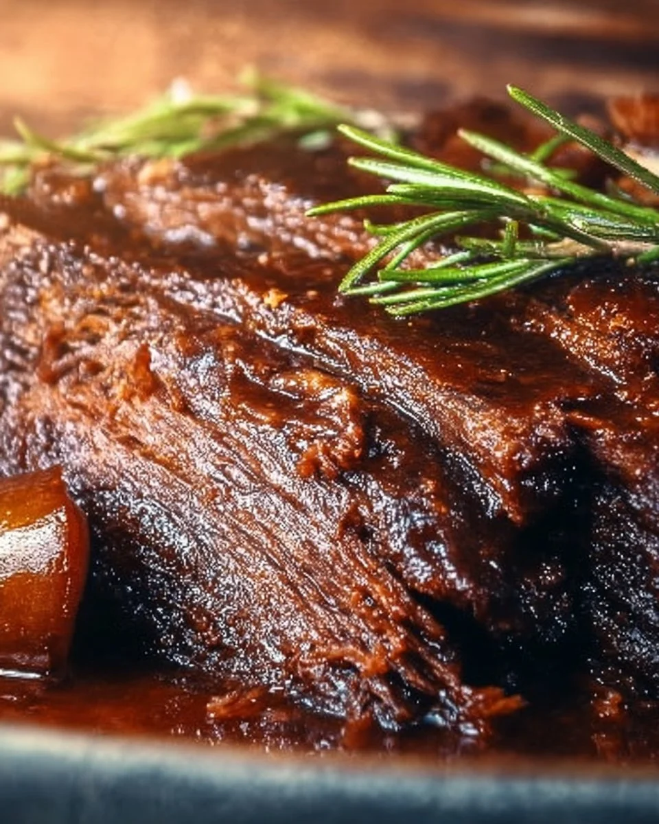 Delicious slow cooked beef brisket served with herbs and spices.