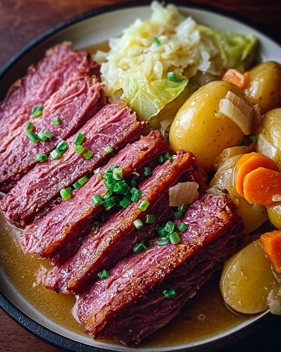 Slow Cooker Corned Beef and Cabbage served on a plate with vegetables
