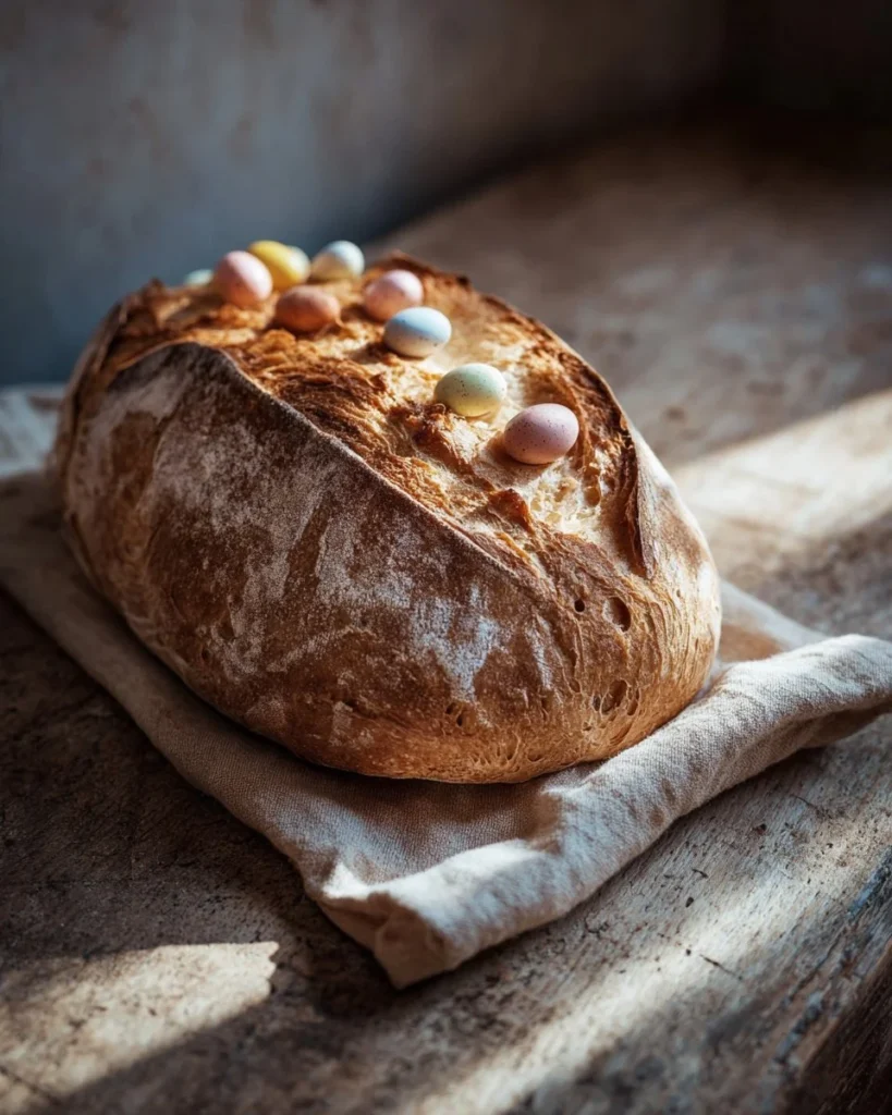 Loaf of freshly baked sourdough Easter bread with colorful decorations