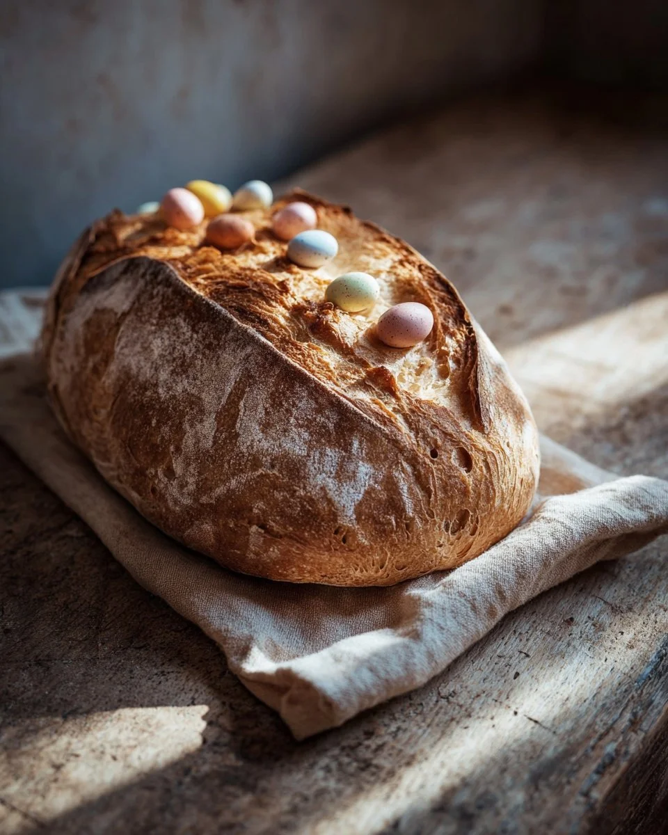 Loaf of freshly baked sourdough Easter bread with colorful decorations