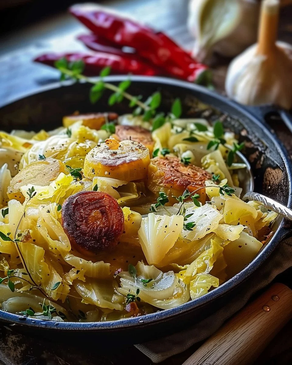 Southern Smothered Cabbage 1 Southern Smothered Cabbage dish served with rich flavors and seasonings.