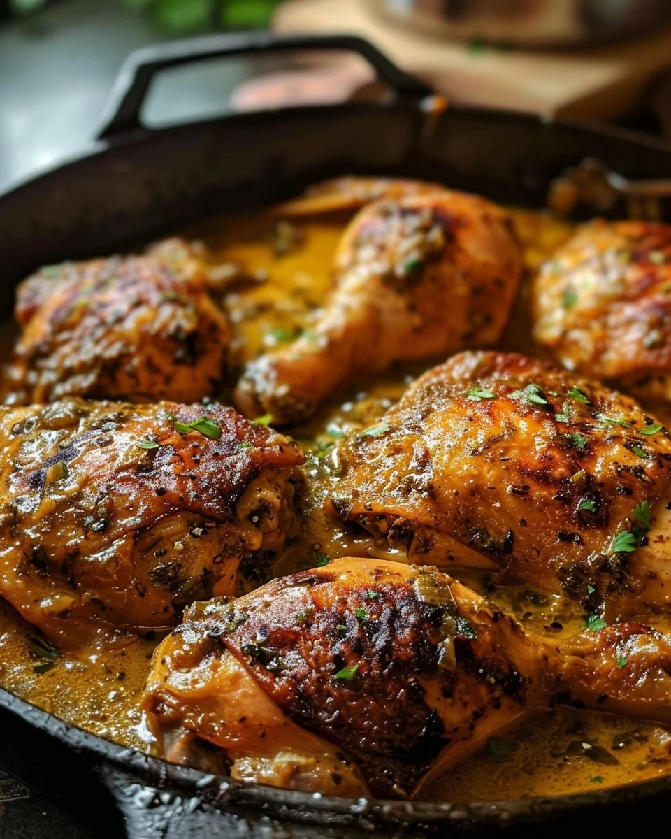 Delicious Southern Smothered Chicken with creamy gravy and herbs
