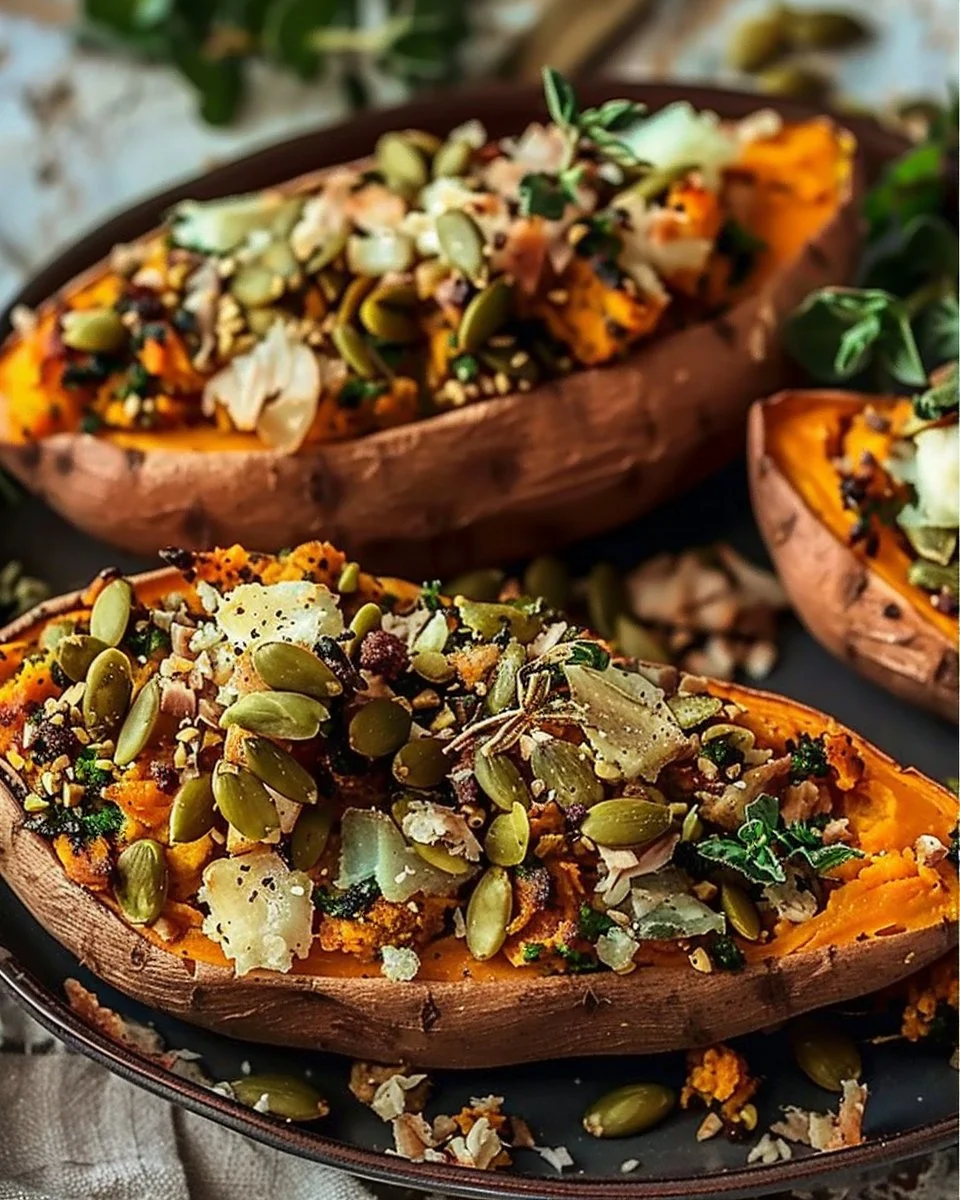 Spiced turkey stuffed sweet potatoes with pepitas served on a plate