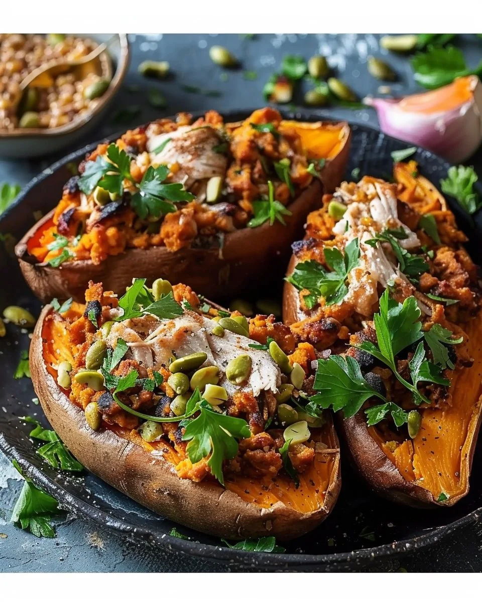 Spiced Turkey Stuffed Sweet Potatoes with Pepitas