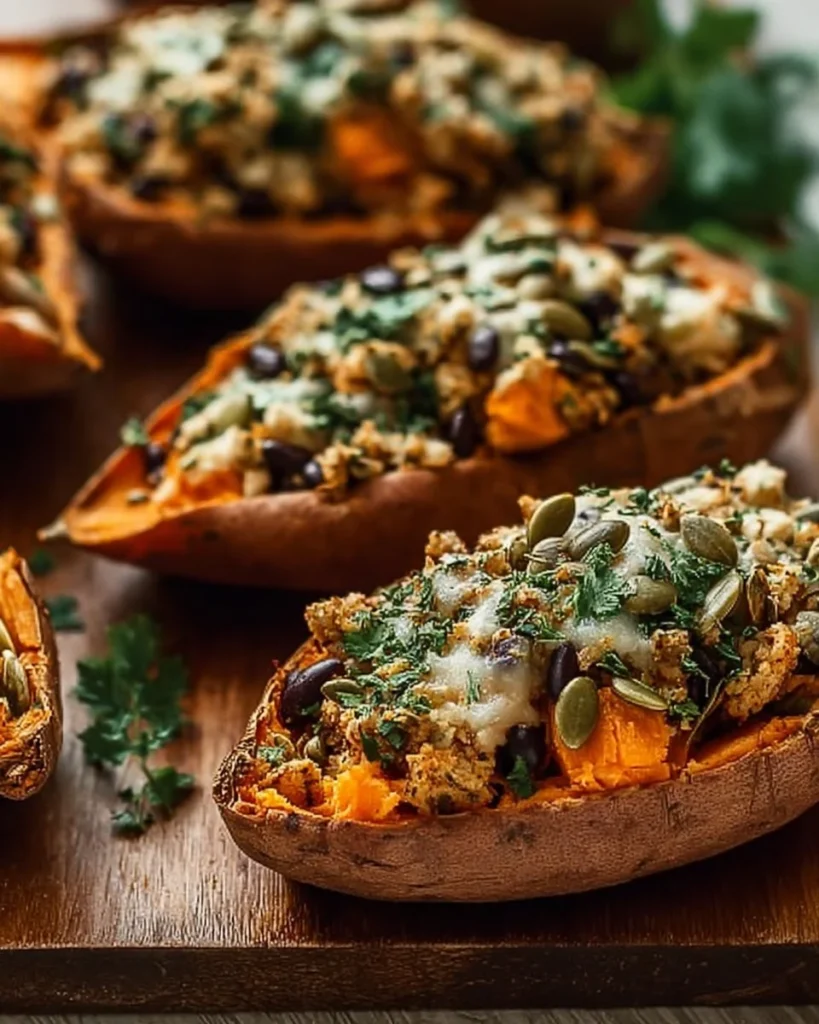 Spiced turkey stuffed sweet potatoes garnished with pepitas on a plate