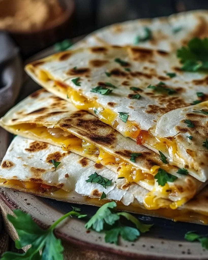 Delicious spicy cheesy grilled quesadillas on a plate