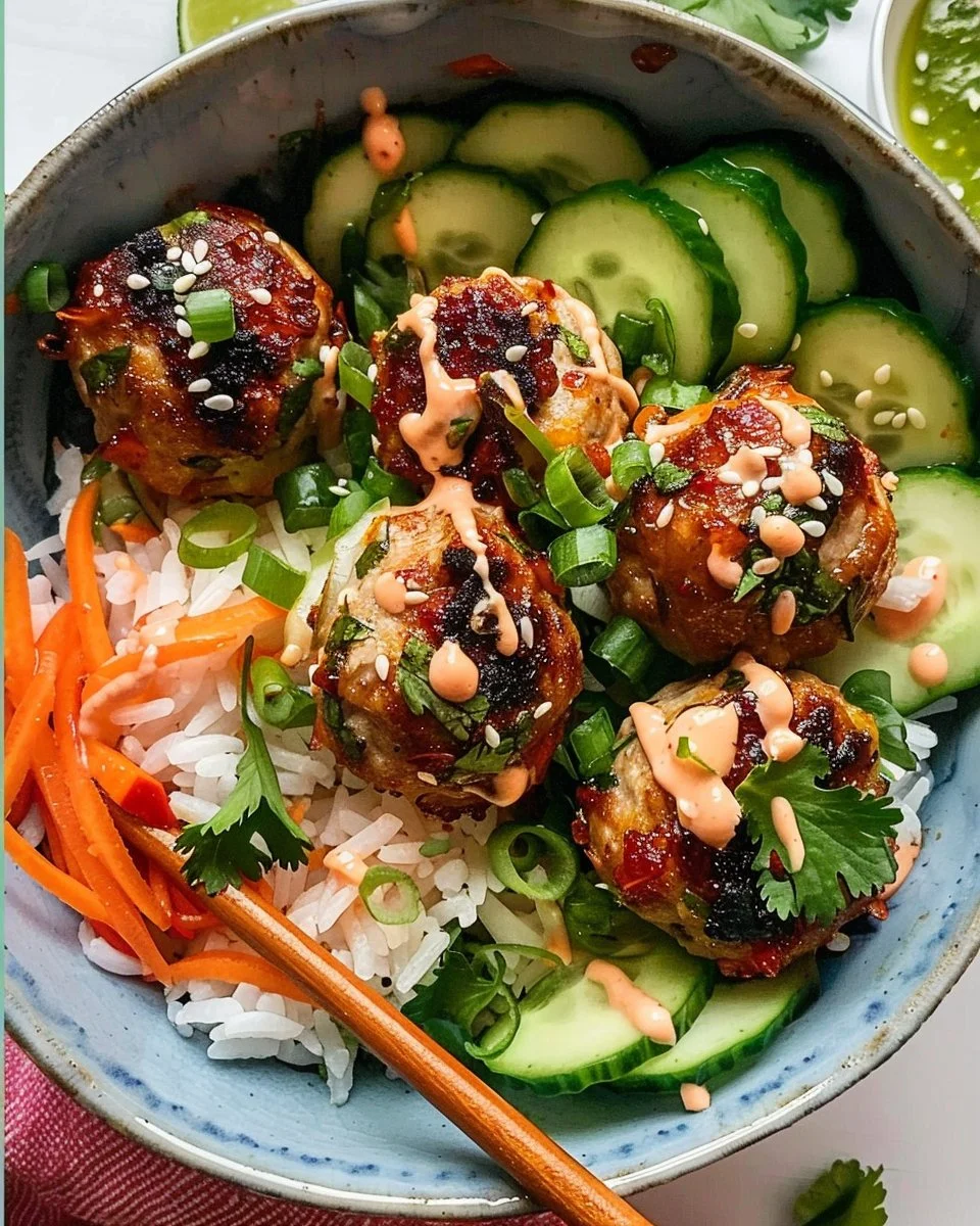 Spicy Chicken Meatball Rice Bowls with Pickled Vegetables