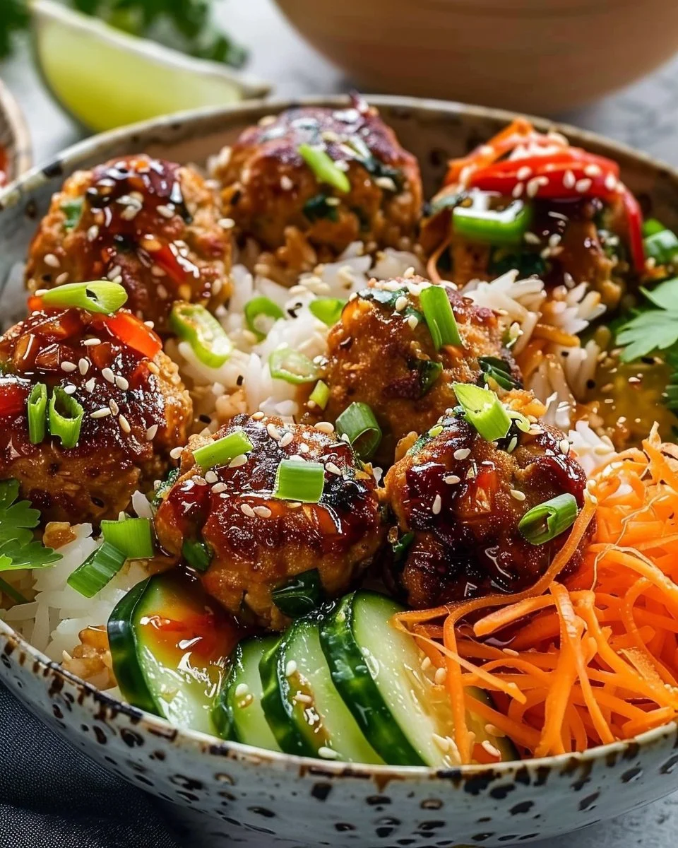 Spicy Chicken Meatball Rice Bowls with Pickled Vegetables