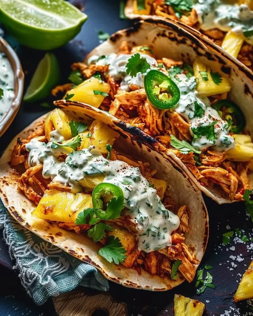 Spicy pineapple chicken tacos with jalapeño basil ranch on a plate