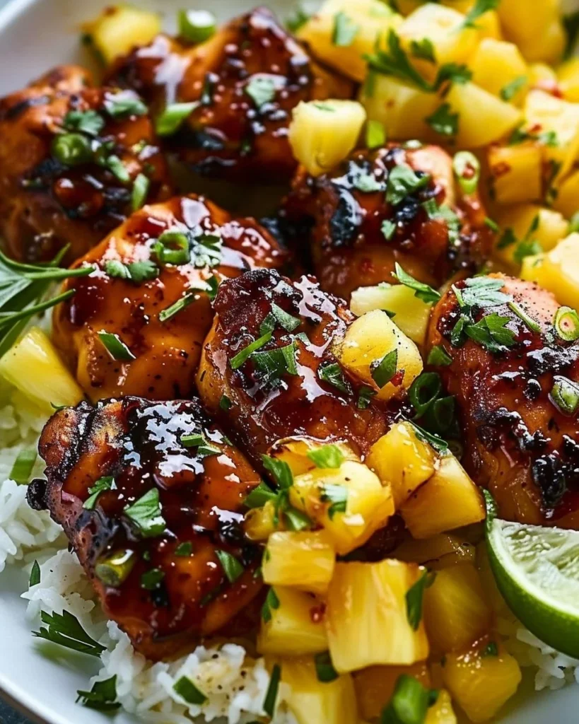 Spicy pineapple glazed chicken garnished with fresh pineapple salsa
