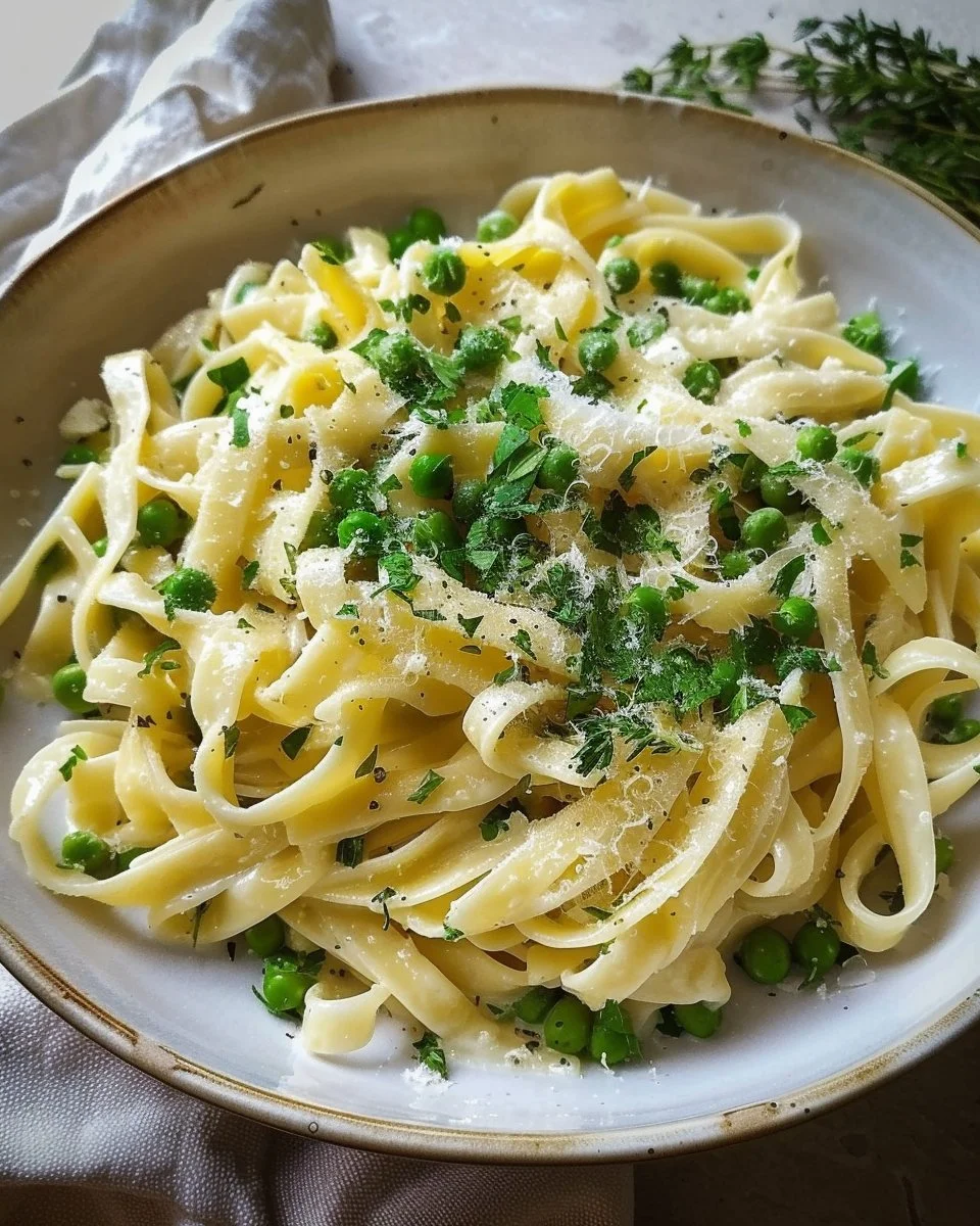 Plate of Spring Fettuccine with fresh vegetables and herbs