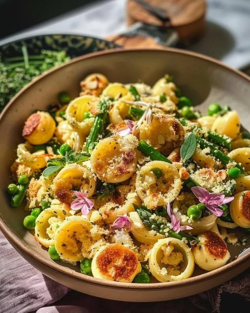 Spring Pasta Salad with Lemon-Herb Pangritata in a vibrant bowl