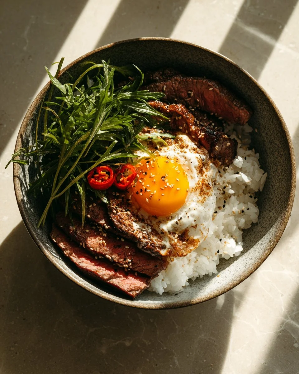 Delicious Steak Rice Bowl with marinated beef, vegetables, and rice