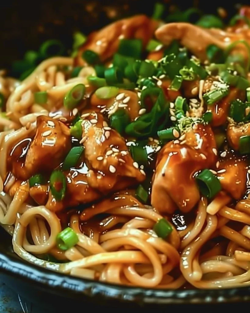Plate of Sticky Garlic Chicken Noodles garnished with green onions