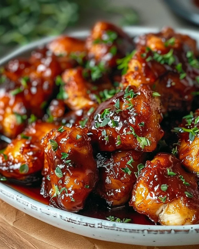 Delicious sticky honey BBQ chicken bites served as appetizers.