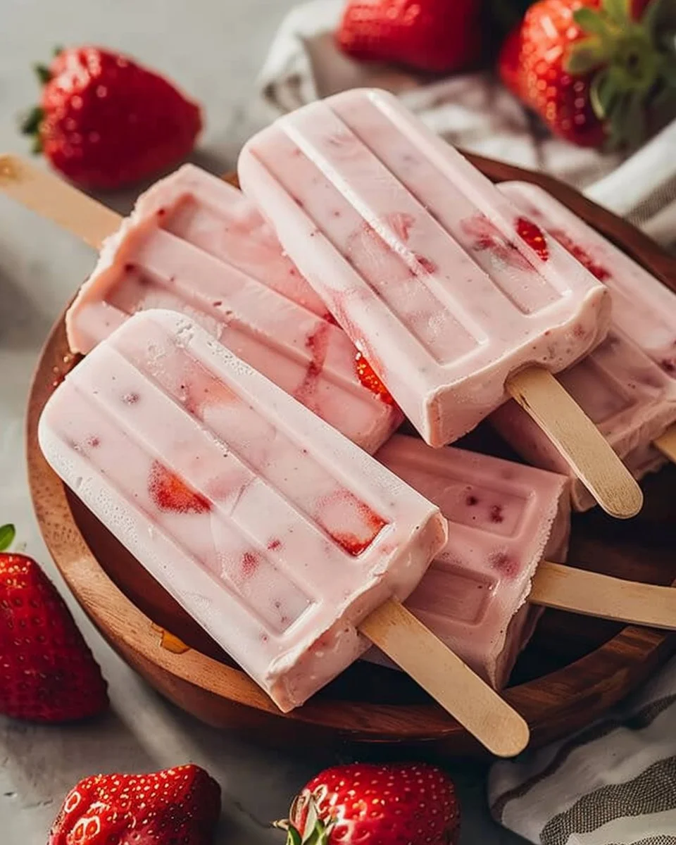 Strawberry Cream Popsicles 1 Delicious homemade strawberry cream popsicles on a wooden table