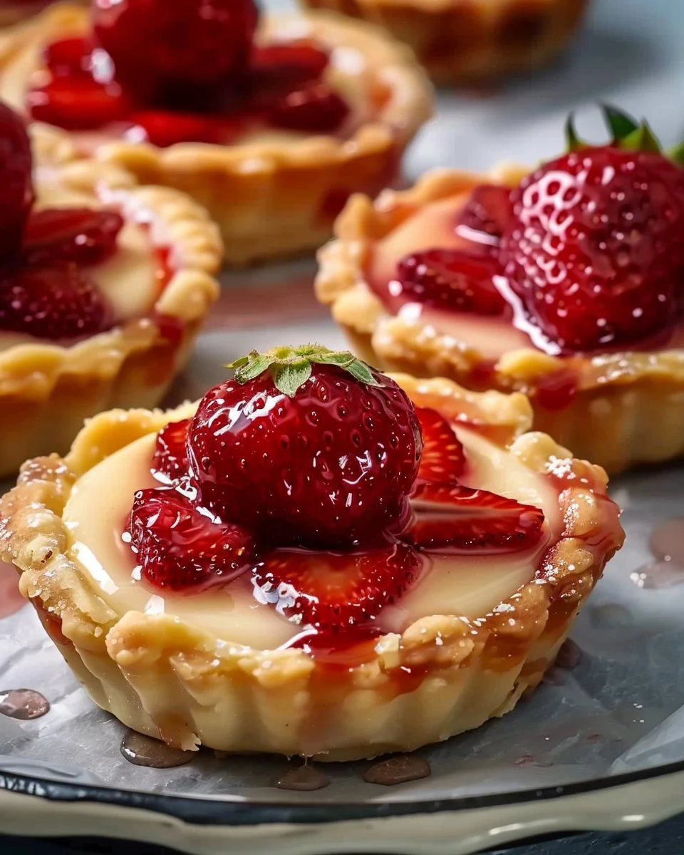Delicious strawberry custard tarts on a wooden table, topped with fresh strawberries.