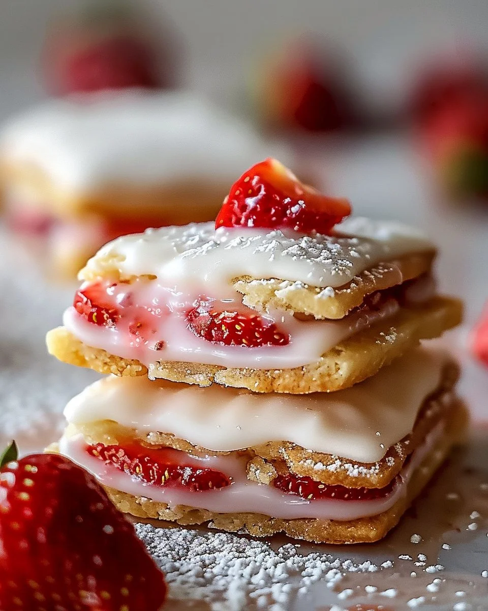 Strawberry pop tart sugar cookies with icing and sprinkles on a plate