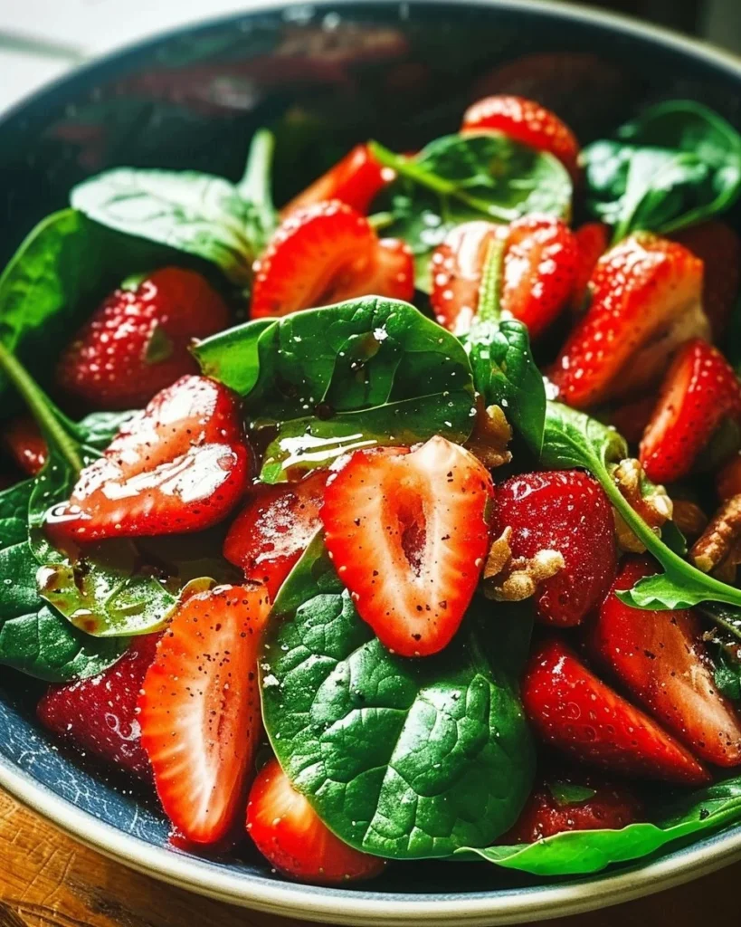Fresh strawberry spinach salad with nuts and dressing on a plate