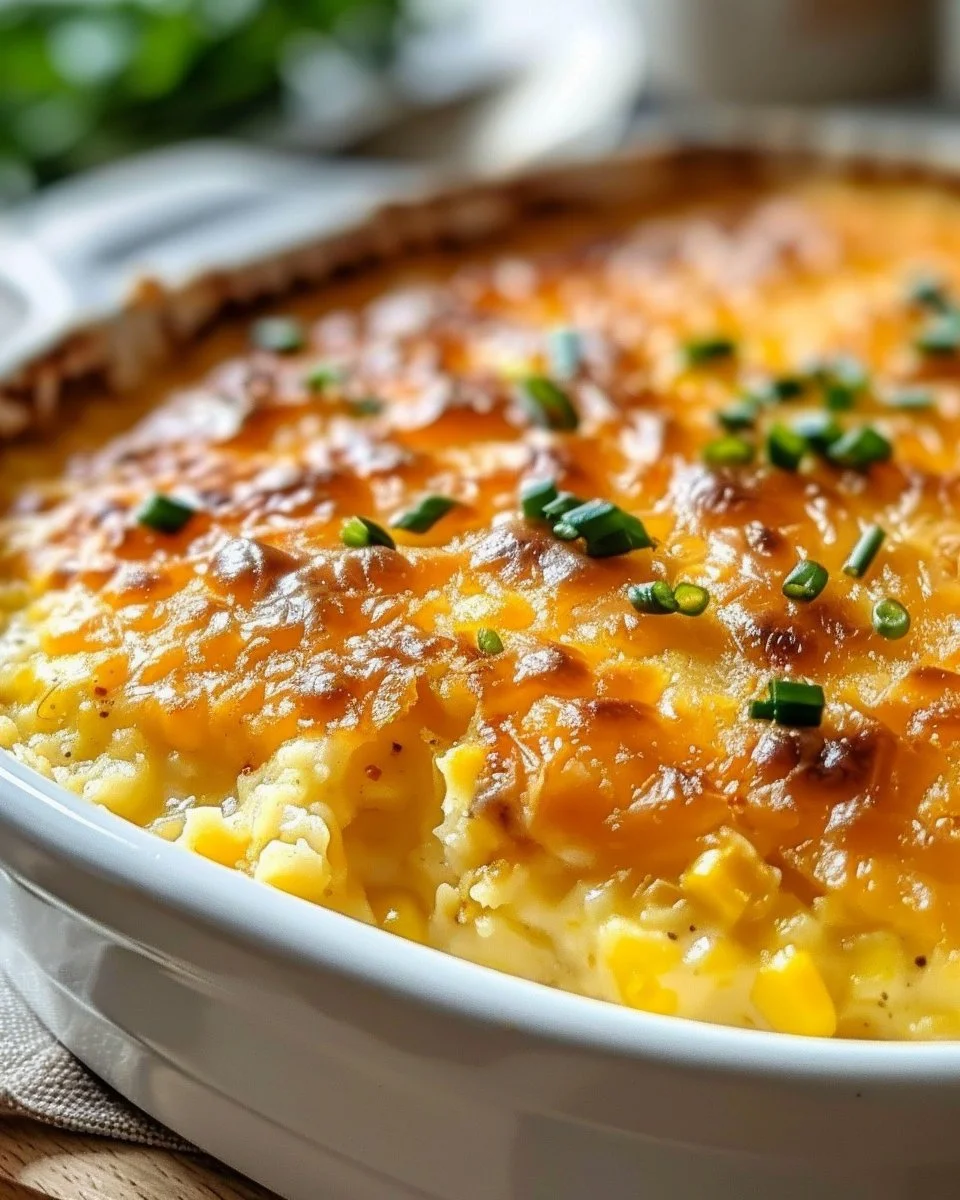 Delicious Sweet Corn Pudding Casserole served in a baking dish