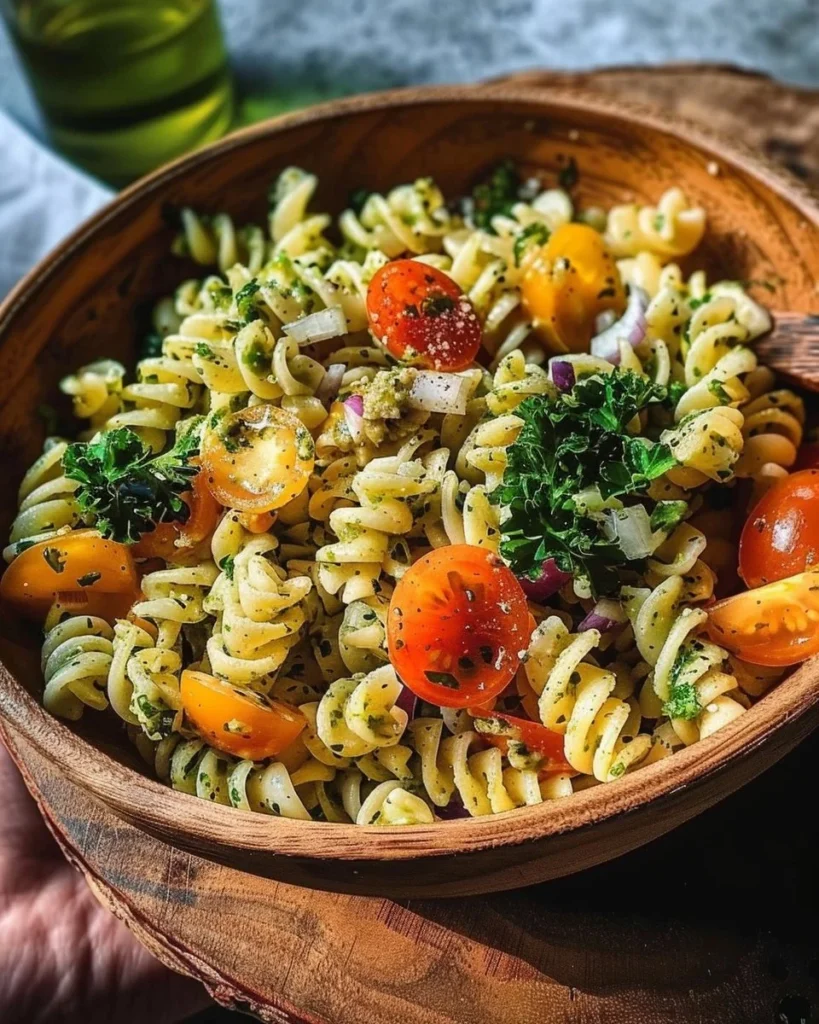 Colorful tangy pasta salad garnished with fresh vegetables and herbs